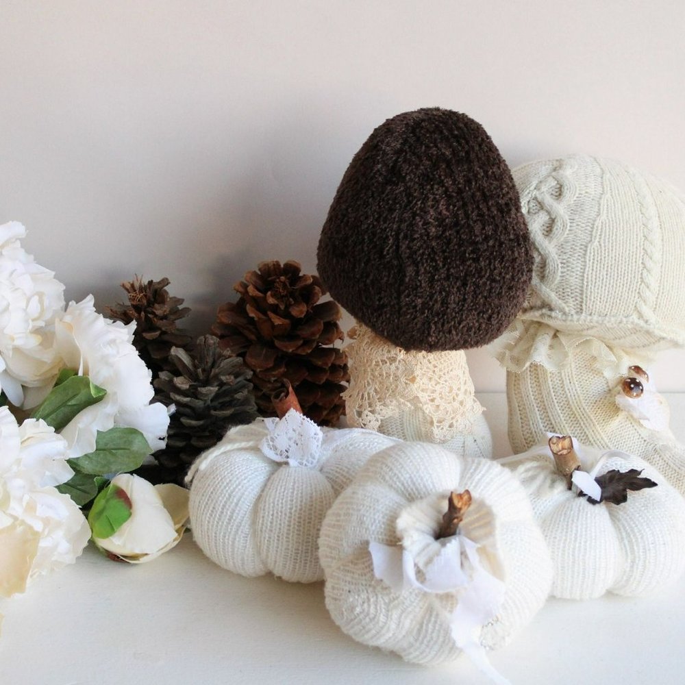 Knit Sweater Toadstool with Vintage Lace and Toadstools, Upcycled, Cottage - Picture 10 of 10